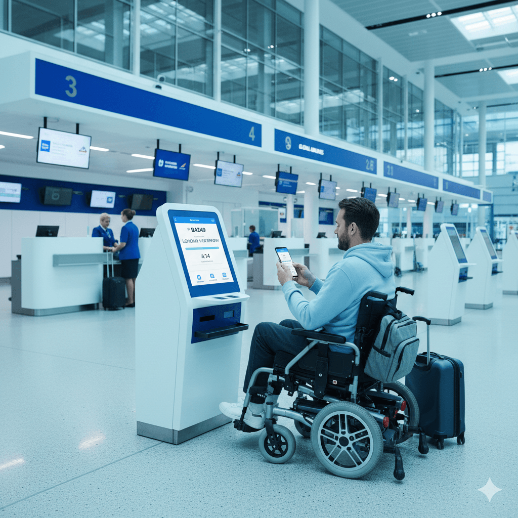 Man in wheelchair at airport check-in area using phone to manage trip information