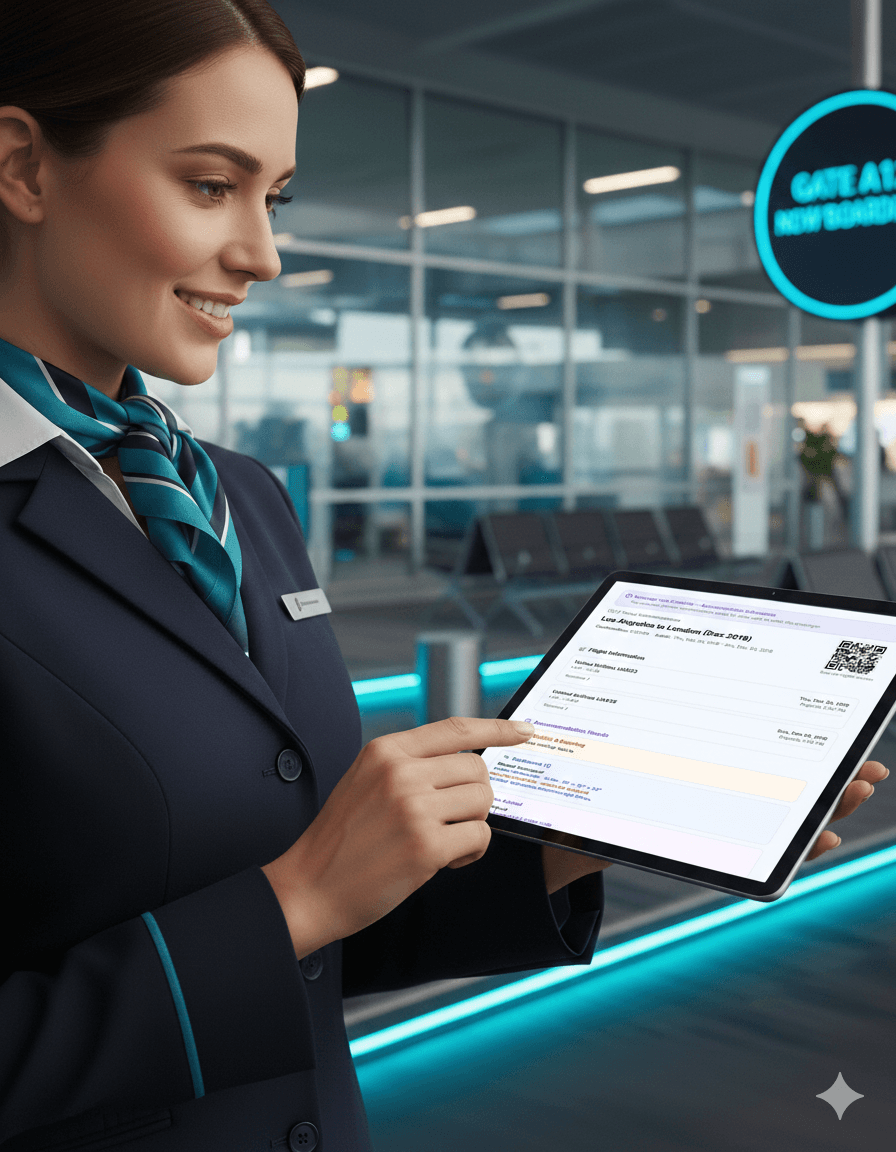 Airline staff member viewing passenger accommodation information on a tablet at the gate